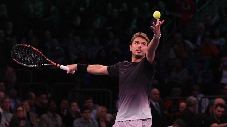 Stan Wawrinka serves to Gael Monfils during the 9th annual BNP Paribas Showdown at Madison Square Garden on Tuesday, March 8, 2016.