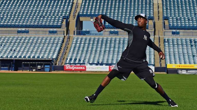 New York Yankees spring training 2016 162 New York Yankees' Aroldis Chapman works out during the first day of spring training at George M. Steinbrenner Field in Tampa Fla. on Thursday, Feb. 18, 2016.