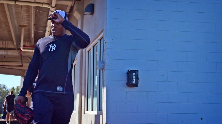 New York Yankees spring training 2016 163 New York Yankees' Aroldis Chapman takes the field to work out during the first day of spring training at George M. Steinbrenner Field in Tampa Fla. on Thursday, Feb. 18, 2016.