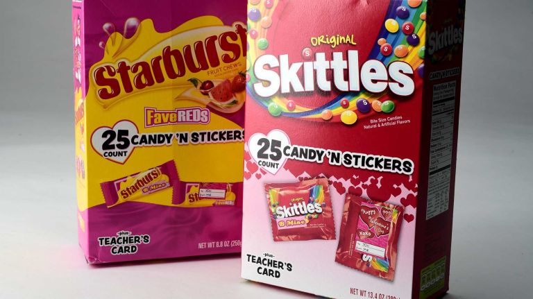 Here's something for the kids to take to school on Valentine's Day (as long as candy is allowed, of course): Skittles Candy 'N Stickers Exchange Kit and Starburst Candy 'N Stickers Exchange Kit, each with a teacher's card and stickers to exchange with special friends. There are 25 in a box (suggested retail price, $3.49).