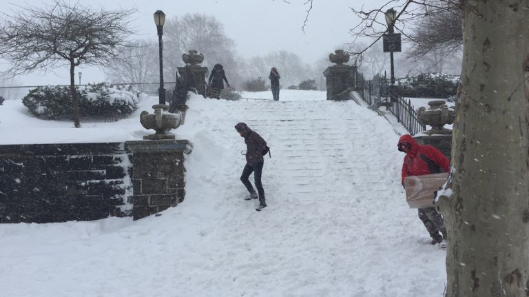 Treacherous stairs to the main entrance of Sunset Park in Brooklyn don't deter folks from their neighborhood park on Jan. 23, 2016.