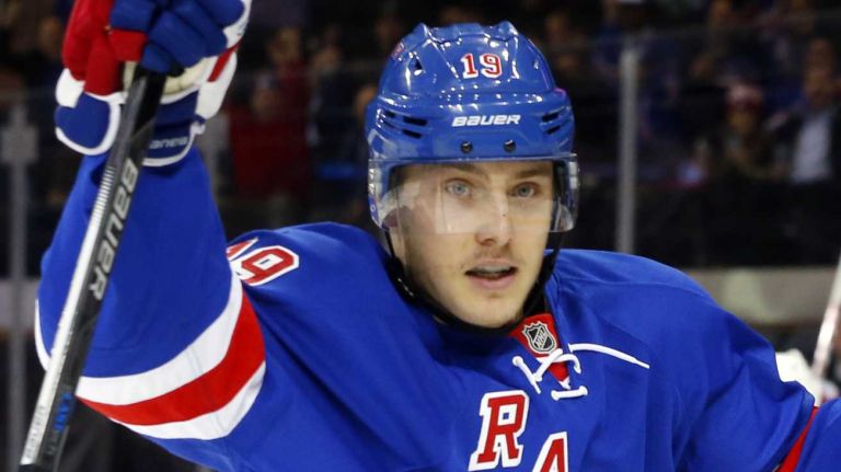 Jesper Fast of the New York Rangers celebrates his first-period goal against the Carolina Hurricanes at Madison Square Garden on Tuesday, Nov. 10, 2015.
