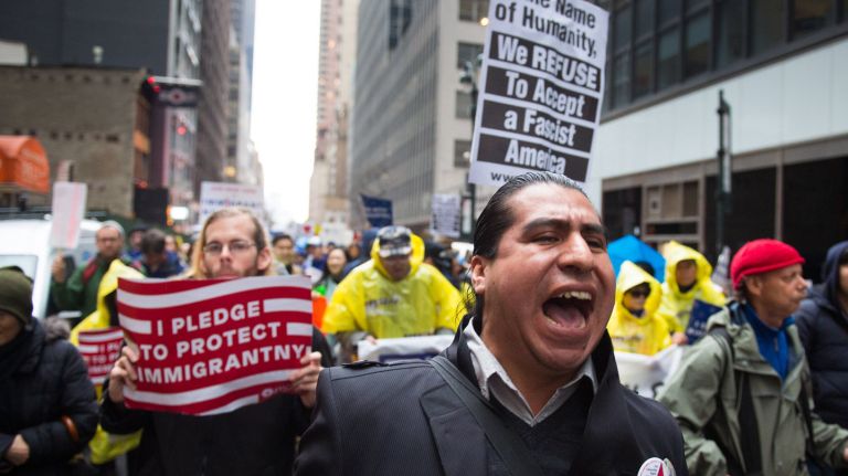 A rally and march for immigrant rights brought hundreds to protest outside Trump Tower on Sunday, Dec. 18, 2016.