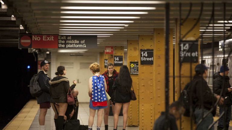 Participants in the No Pants Subway Ride wait for a train in their underwear in New York on Jan. 10, 2016.