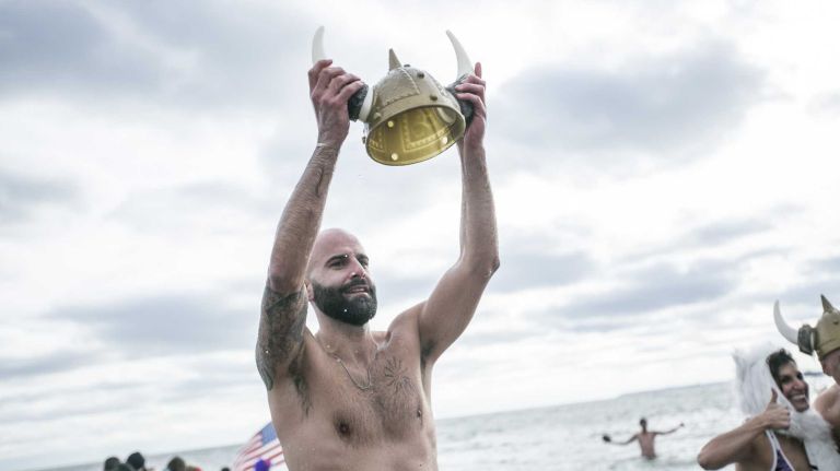 At least one bather in Brooklyn is proud of his efforts in the Coney Island Polar Bear Plunge on Jan. 1, 2016.