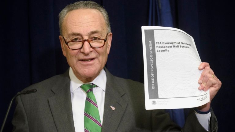 Senator Charles E. Schumer calls for all rail and mass transit employees to be cross checked with the federal terror watch list during a news conference at his Manhattan office on Sunday, Dec. 11, 2016.