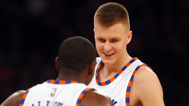 Kristaps Porzingis #6 of the New York Knicks celebrates after a scoring basket in the fourth quarter of a game against the Charlotte Hornets at Madison Square Garden on Tuesday, Nov. 17, 2015.