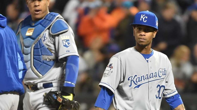 Kansas City Royals starting pitcher Yordano Ventura is taken out of game in the fourth inning during Game 3 of the World Series against the New York Mets at Citi Field on Friday, Oct. 30, 2015.