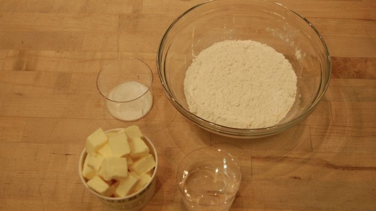 <p>2 sticks butter, diced and cold</p> <p>1 cup flour</p> <p>1 tsp. salt</p> <p>1/2 cup water (cold)</p>
