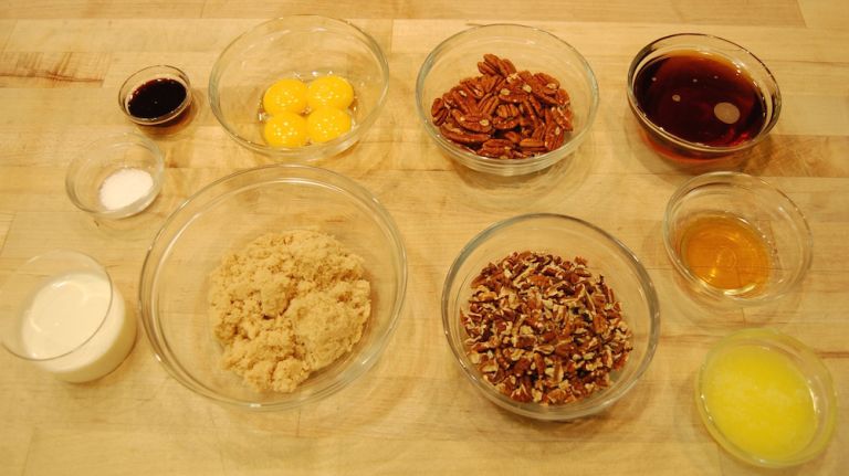 <p>*All ingredients should be at room temperature*</p> <p>1/2 cup light brown sugar</p> <p>1 cup maple syrup</p> <p>1/2 teaspoon salt</p> <p>1 tablespoon molasses</p> <p>1/3 cup cream</p> <p>1/4 cup egg yolks</p> <p>1/4 stick butter</p> <p>4 teaspoons bourbon</p> <p>1/3 cup pecan halves</p> <p>1/4 cup pecan pieces, toasted</p>