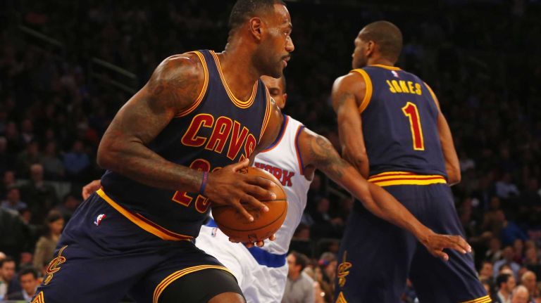 LeBron James #23 of the Cleveland Cavaliers controls the ball in the first quarter against the New York Knicks at Madison Square Garden on Friday, Nov. 13, 2015 in New York City.