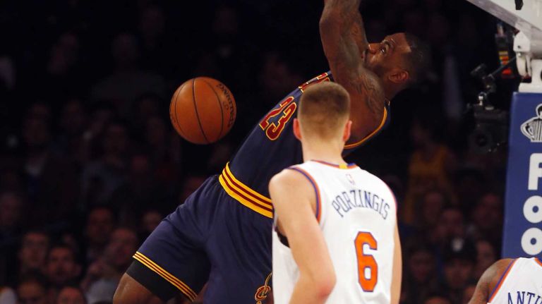 LeBron James #23 of the Cleveland Cavaliers dunks the ball in the first quarter against the New York Knicks at Madison Square Garden on Friday, Nov. 13, 2015 in New York City.
