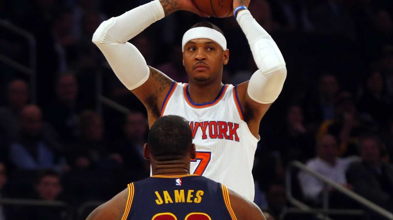 Carmelo Anthony #7 of the New York Knicks controls the ball in the first quarter against LeBron James #23 of the Cleveland Cavaliers at Madison Square Garden on Friday, Nov. 13, 2015.