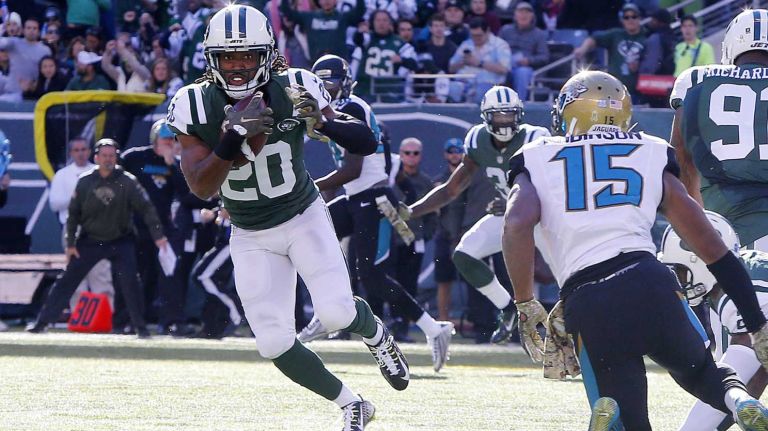 Marcus Williams #20 of the New York Jets runs a first quarter interception against Allen Robinson #15 of the Jacksonville Jaguars at MetLife Stadium on Sunday, Nov. 8, 2015 in East Rutherford, N.J.