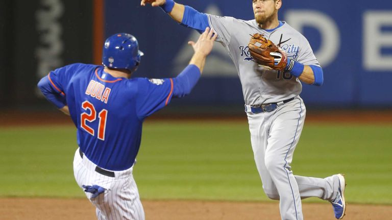 World Series Game 5: Mets vs. Royals 165 New York Mets first baseman Lucas Duda (21) is out at second base as Kansas City Royals second baseman Ben Zobrist (18) throws to first base in second inning during Game 5 of the World Series at Citi Field on Sunday, Nov. 1, 2015.