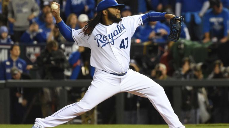 World Series Game 2: Mets vs. Royals 61 Kansas City Royals starting pitcher Johnny Cueto (47) delivers the pitch in first inning during Game 2 of the World Series against the New York Mets at Kauffman Stadium on Wednesday, Oct. 28, 2015.