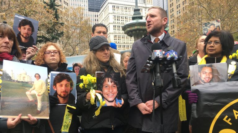 NYC families of crash victims gathered in City Hall Park to mark World Day of Rememberance for Road Traffic Victims. Paul Steely White, executive director of Transportation Alternative  Day, is  joined by Families for Safe Streets.