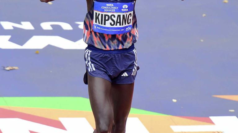 Defending marathon winner Wilson Kipsang of Kenya finishes fourth in the Men's New York City Marathon in Manhattan on Sunday, Nov. 1, 2015.