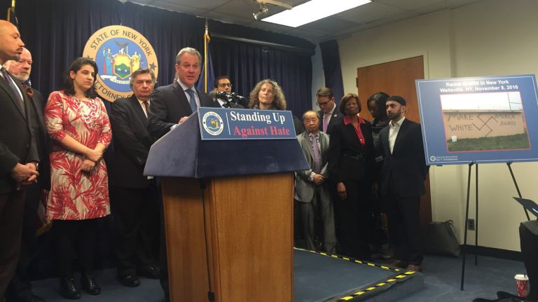 Post-election bias attacks prompt New York officials to take a stand 1 New York Attorney General Eric Schneiderman, with members of the immigrant and minority communities, announces measures against bias at a press conference on Nov. 17, 2016.