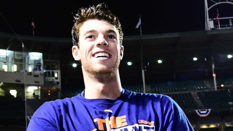 New York Mets pitcher Steven Matz celebrates the Mets' win in Game 4 of the NLCS against the Chicago Cubs at Wrigley Field on Wednesday, Oct. 21, 2015.