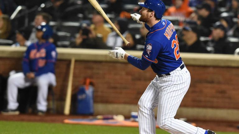 New York Mets second baseman Daniel Murphy (28) with the 2 run homerun in the first inning during Game 2 of the NLCS against the Chicago Cubs at Citi Field on Sunday, Oct. 18, 2015.