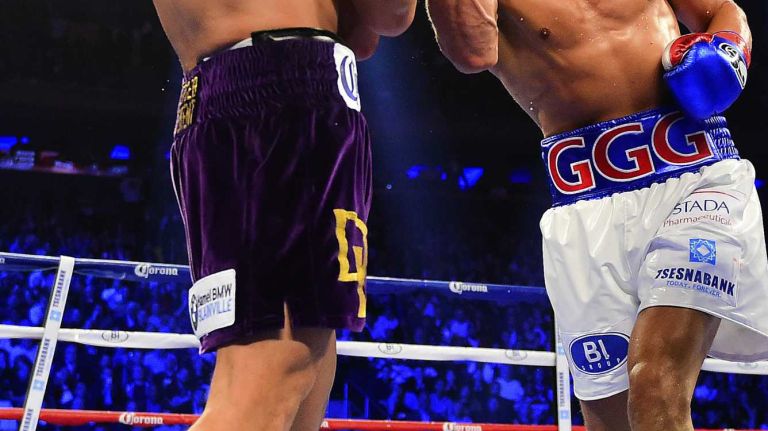 Middleweight David Lemieux is hit with an uppercut by Gennady Golovkin during World Championship Boxing at Madison Square Garden in New York, New York on Saturday, Oct 17, 2015.