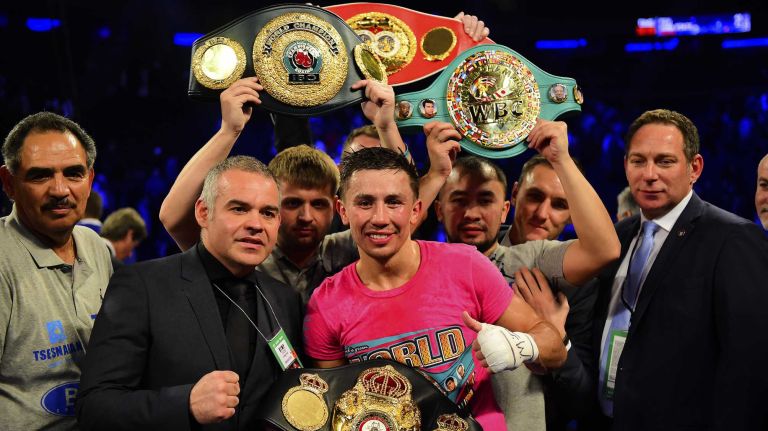 Middleweight Gennady Golovkin reacts after defeating David Lemieux during World Championship Boxing at Madison Square Garden in New York, New York on Sunday, Oct 18, 2015.