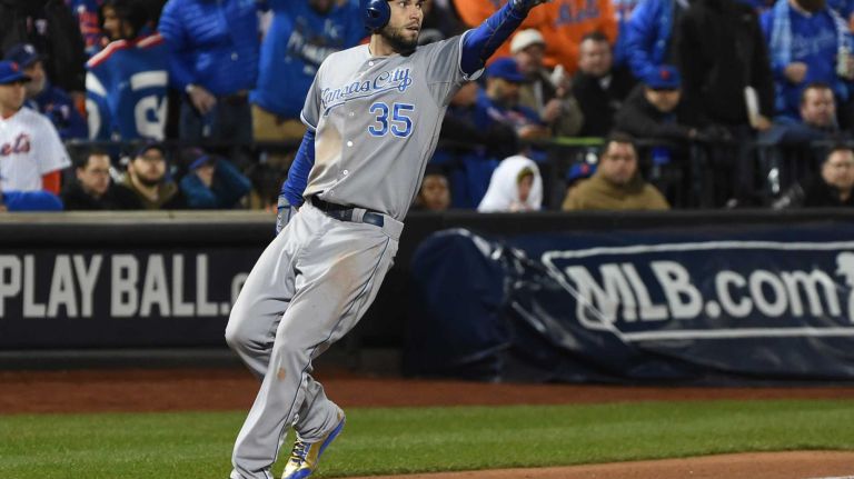 Kansas City Royals first baseman Eric Hosmer (35) reacts at third base in the eighth inning during Game 4 of the World Series against the New York Mets at Citi Field on Saturday, Oct. 31, 2015.