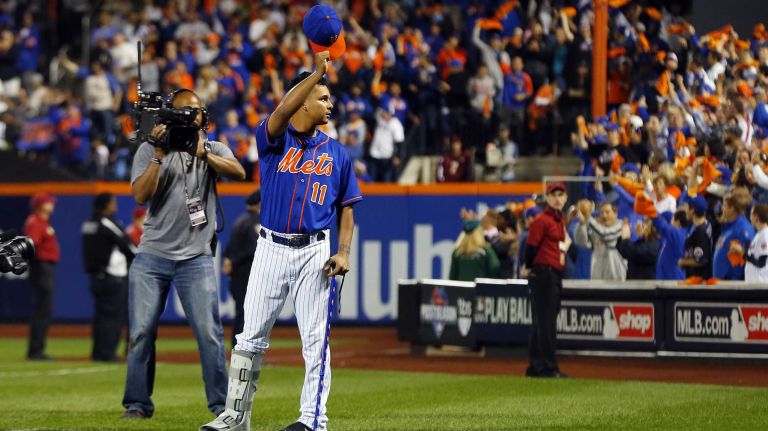 Ruben Tejada #11 of the New York Mets is introduced at Citi Field in the Queens before Game 3 of the NLDS against the Los Angeles Dodgers on Monday, Oct. 12, 2015