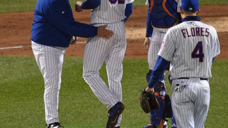 New York Mets manager Terry Collins takes out New York Mets starting pitcher Steven Matz during the sixth inning in Game 4 of the World Series against the Kansas City Royals at Citi Field on Saturday, Oct. 31, 2015.