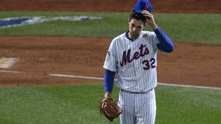 New York Mets starting pitcher Steven Matz reacts during the fifth inning in Game 4 of the World Series against the Kansas City Royals at Citi Field on Saturday, Oct. 31, 2015.