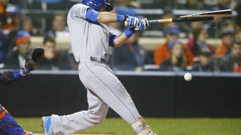 Kansas City Royals leftfielder Alex Gordon hits the broken bat ground out in the second inning during Game 4 of the World Series against the Kansas City Royals at Citi Field on Saturday, Oct. 31, 2015.