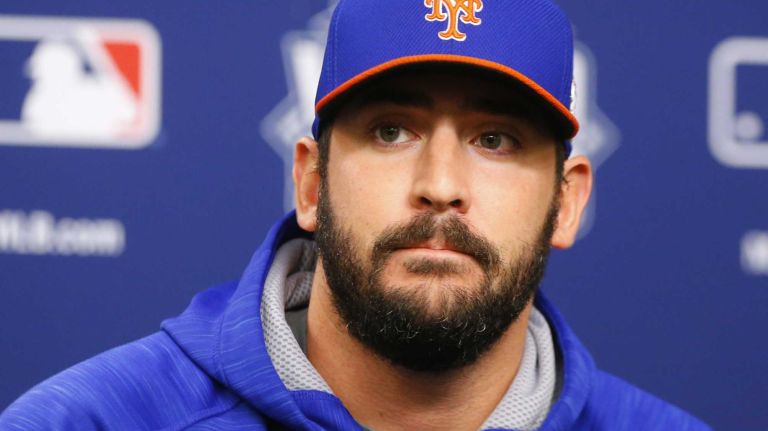 New York Mets starting pitcher Matt Harvey (33) speaks to media during Game 4 of the World Series against the Kansas City Royals at Citi Field on Saturday, Oct. 31, 2015.