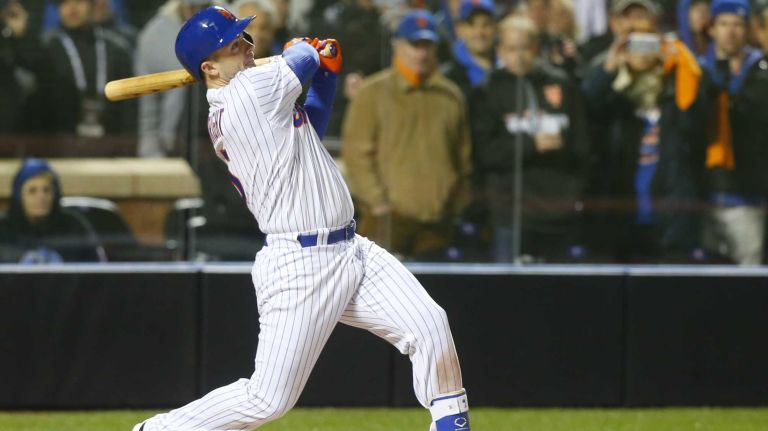 New York Mets third baseman David Wright with the two-run single in the sixth inning during Game 3 of the World Series against the Kansas City Royals at Citi Field on Friday, Oct. 30, 2015.