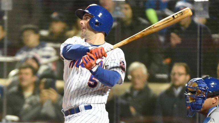 New York Mets third baseman David Wright with the RBI hit in the sixth inning during Game 3 of the World Series against the Kansas City Royals at Citi Field on Friday, Oct. 30, 2015.