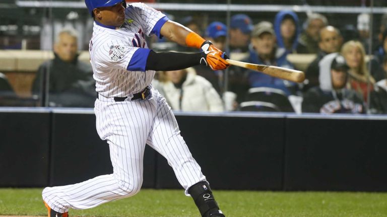 New York Mets center fielder Yoenis Cespedes with the single in the fifth inning during Game 3 of the World Series against the Kansas City Royals at Citi Field on Friday, Oct. 30, 2015.