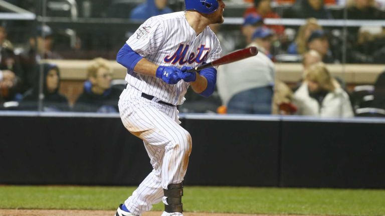 New York Mets first baseman Lucas Duda singles in the fourth inning during Game 3 of the World Series against the Kansas City Royals at Citi Field on Friday, Oct. 30, 2015.