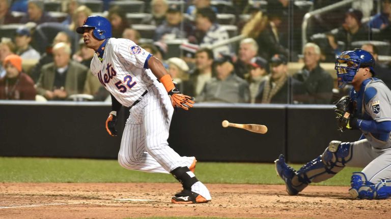 New York Mets center fielder Yoenis Cespedes with the single in the fifth inning during Game 3 of the World Series against the Kansas City Royals at Citi Field on Friday, Oct. 30, 2015.
