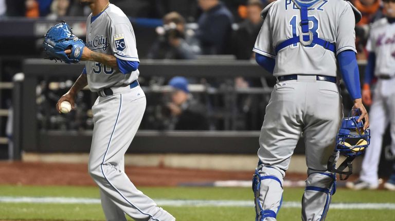Kansas City Royals starting pitcher Yordano Ventura reacts in the fourth inning during Game 3 of the World Series against the New York Mets at Citi Field on Friday, Oct. 30, 2015.