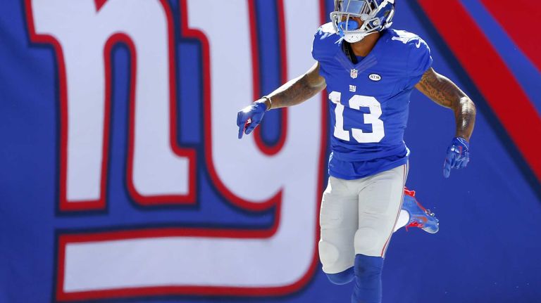 Odell Beckham #13 of the New York Giants celebrates his touchdown in the first half against the Atlanta Falcons during an NFL game at MetLife Stadium on Sunday, Sept. 20, 2015.