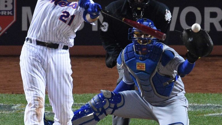 New York Mets first baseman Lucas Duda singles during Game 3 of the World Series against the Kansas City Royals at Citi Field on Friday, Oct. 30, 2015.
