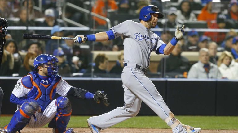 Kansas City Royals left fielder Alex Gordon with the second-inning hit during Game 3 of the World Series against the New York Mets at Citi Field on Friday, Oct. 30, 2015.