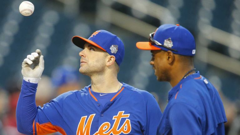 New York Mets third baseman David Wright and rightfielder Curtis Granderson during batting practice of Game 3 of the World Series against the Kansas City Royals at Citi Field on Friday, Oct. 30, 2015.