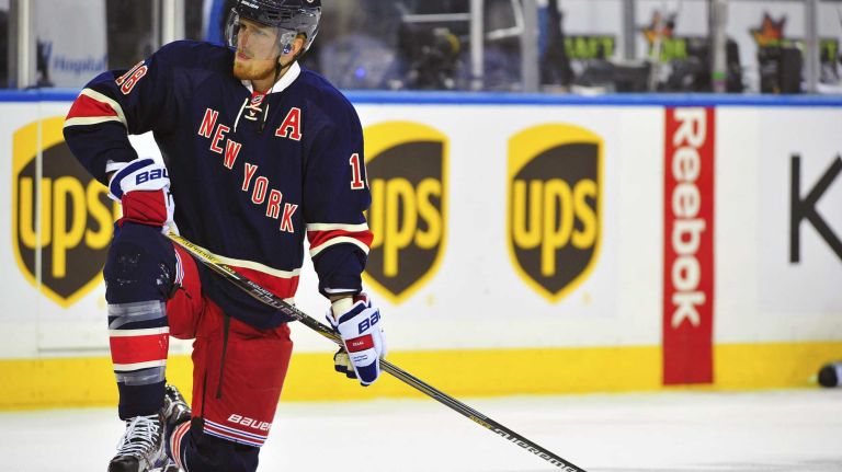 New York Rangers defenseman Marc Staal warms up prior to the game against the Toronto Maple Leafs at Madison Square Gardenon Friday, Oct. 30, 2015.