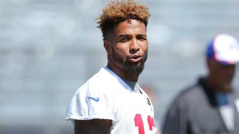 New York Giants wide receiver Odell Beckham Jr. talks to cornerback Prince Amukamara during training camp at the Quest Diagnostics Training Center in East Rutherford, N.J. on Friday, Aug. 7, 2015.