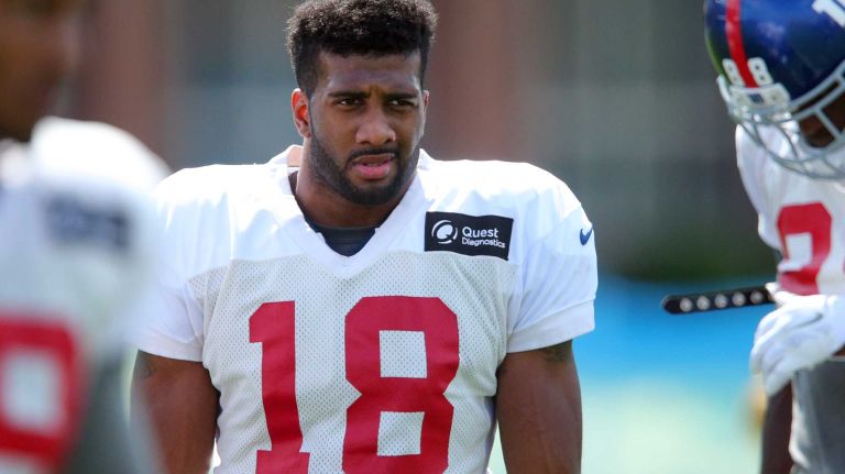 New York Giants wide receiver Derrick Johnson #18 looks on during training camp at the Quest Diagnostics Training Center in East Rutherford, N.J., on Sunday, Aug. 2, 2015.