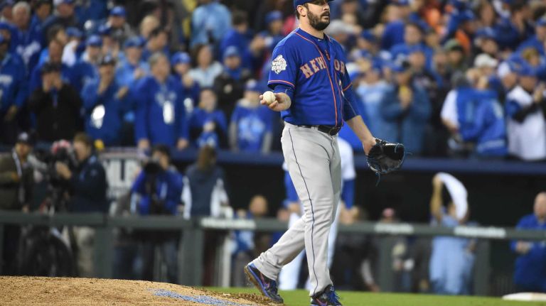 World Series Game 1: Mets vs. Royals 91 New York Mets starting pitcher Matt Harvey (33) reacts after the rbi single in the sixth inning during Game 1 of the World Series against the Kansas City Royals at Kauffman Stadium on Tuesday, Oct. 27, 2015.