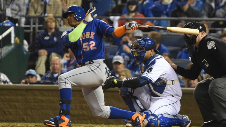 World Series Game 1: Mets vs. Royals 99 New York Mets center fielder Yoenis Cespedes (52) with the single in the sixth inning during Game 1 of the World Series against the Kansas City Royals at Kauffman Stadium on Tuesday, Oct. 27, 2015.