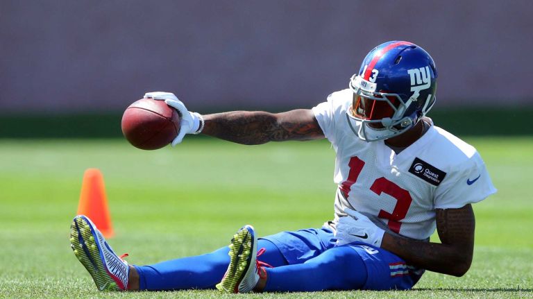 Giants wide receiver Odell Beckham Jr. reacts after a catch during training camp at the Quest Diagnostics Training Center in East Rutherford, New Jersey, on Friday, July 31, 2015.