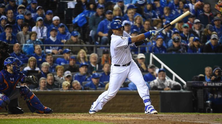 World Series Game 1: Mets vs. Royals 111 Kansas City Royals right fielder Alex Rios (15) hits a single in second inning during Game 1 of the World Series against the Kansas City Royals at Kauffman Stadium on Tuesday, Oct. 27, 2015.
